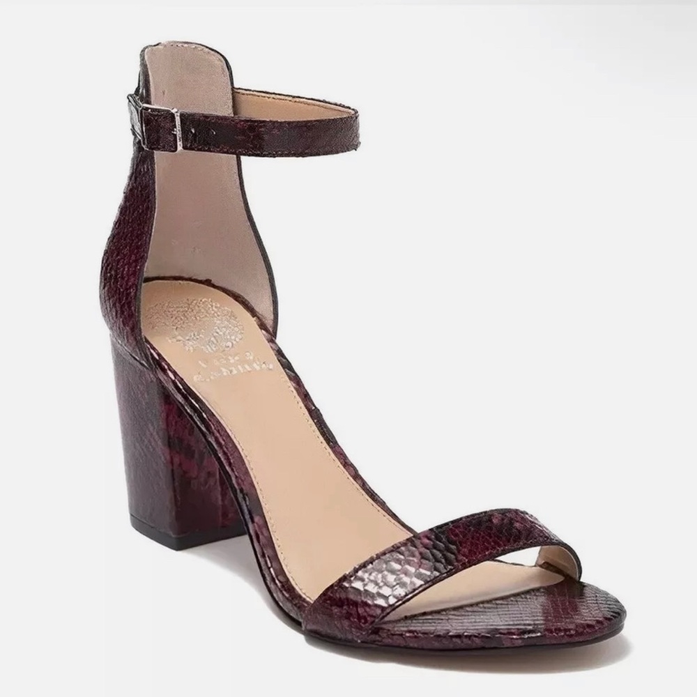 Vince Camuto Beah Block Heel Sandal | Maroon purple red snakeskin